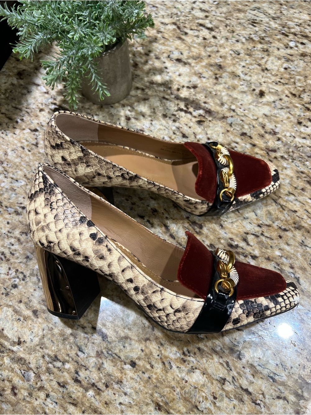 Tory Burch Jessa Velvet & Snake Leather Print Burgundy and Brown Loafers 8.5M